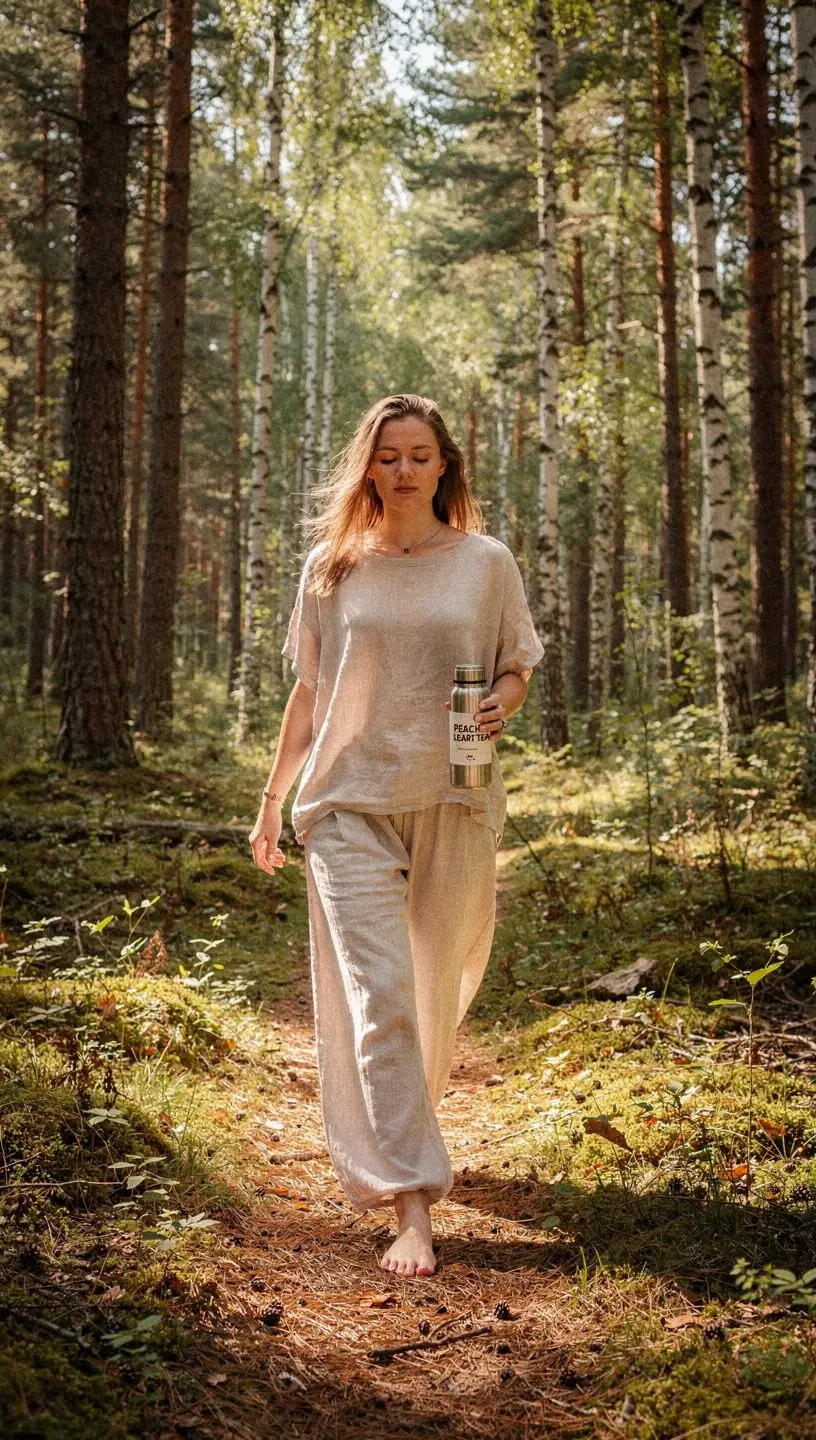 Persikų lapų širdies arbata, pateikta šviežioje stiklinėje su šviežiais persikų gabalėliais.