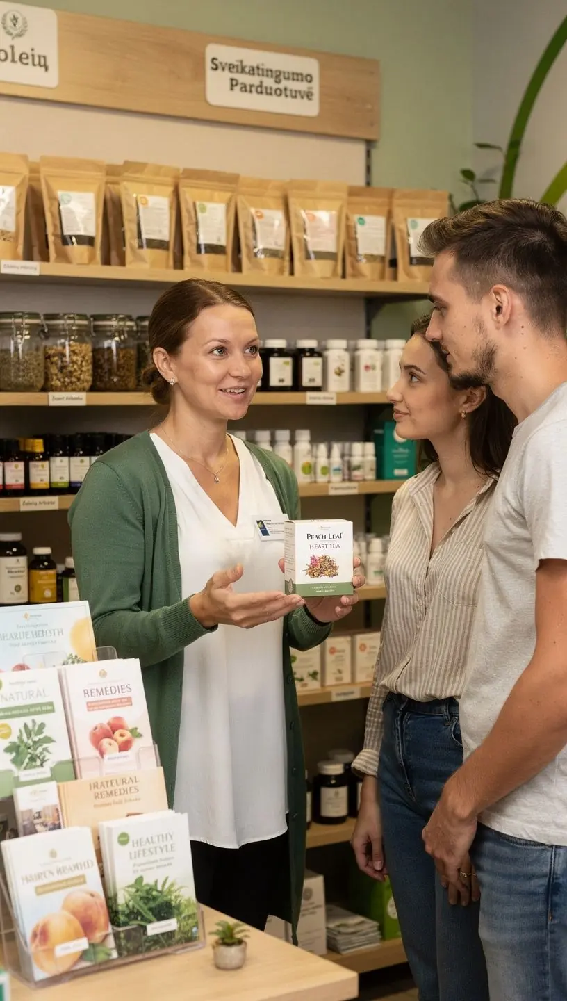 Raminanti arbatos puodelis su persikų lapais, skirta širdies sveikatai.