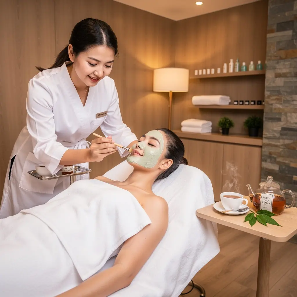 Gražiai išdėstyti persikų lapai, simbolizuojantys sveiką gyvenimo būdą.