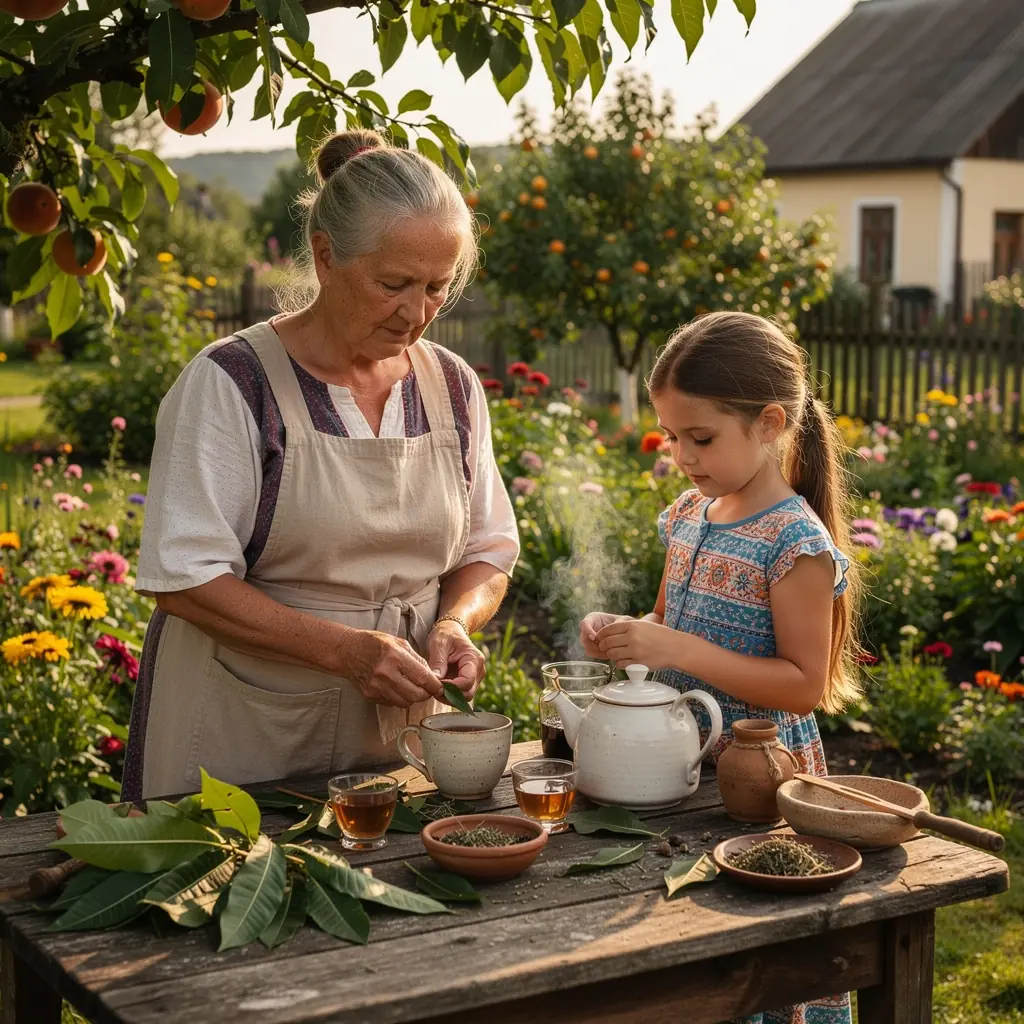 Persikų lapų širdies arbata, gražiai paruošta puodelyje, su šviežiais persikų gabalėliais.